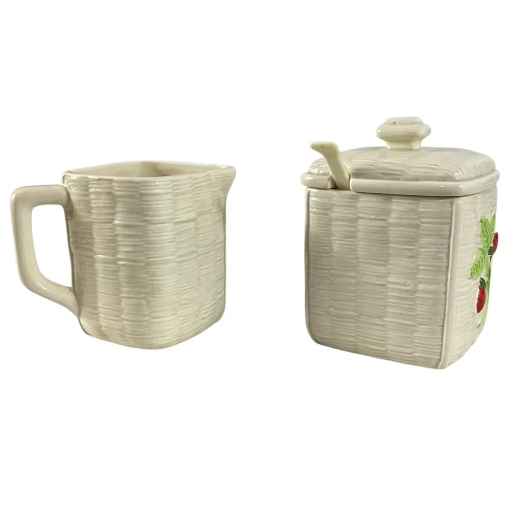 Vintage 1982 Otagiri Japan Strawberry Ceramic Creamer & Sugar Jar Set with Spoon